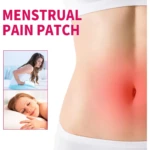 Parches para dolor menstrual. Mujer con dolor y durmiendo plácidamente. Área abdominal con enrojecimiento.