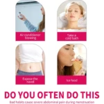 Cuatro imágenes: aire acondicionado, baño frío, ombligo expuesto, helado. Texto: "¿Haces esto? Malos hábitos causan dolor menstrual."