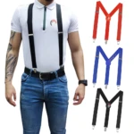 Cargaderas negras para pantalón ajustables, con clips metálicos, en conjunto con otras de colores rojo, azul y negro.