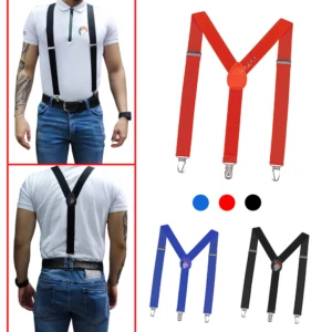 Cargaderas tirantas colgantes rojas para pantalón, disponibles en varios colores y exhibidas en un modelo y sobre fondo blanco.