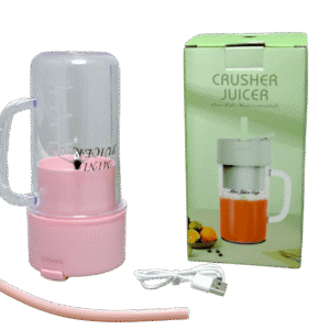 Licuadora portátil Vaso rosa con tapa transparente, caja verde con jugo naranja, cable USB y pajilla.