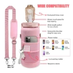 Funda rosa neopreno para termo deportivo 2L, con porta celular, llaves y correa ajustable 25-50".