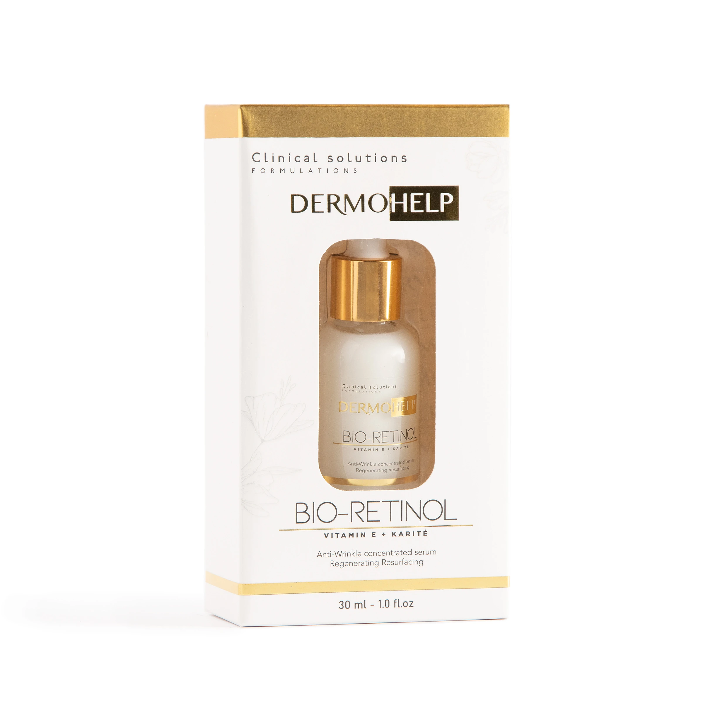 Caja de Sérum Bio-Retinol Dermohhelp con aplicador dorado. Contiene Vitamina E + Karité.