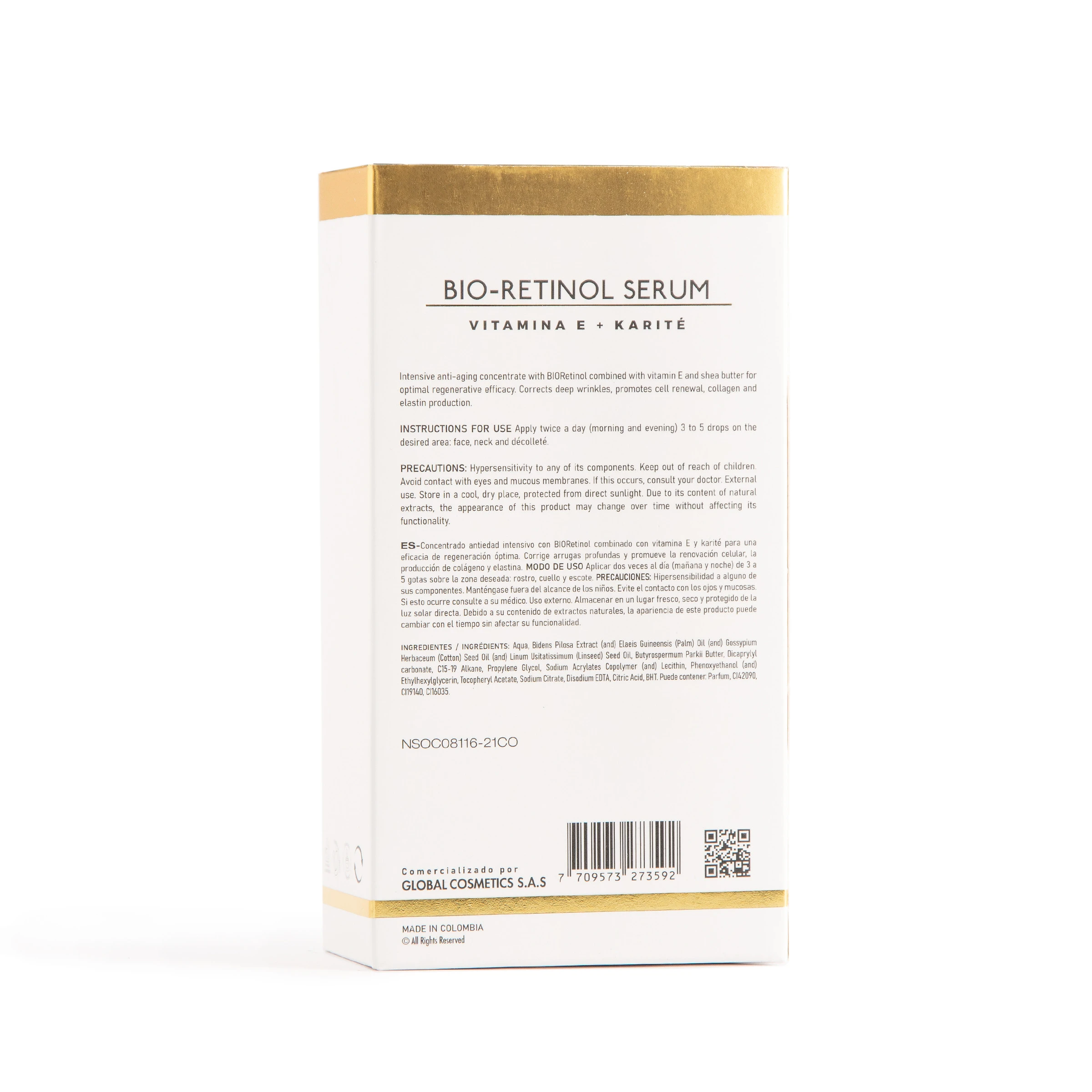 Sérum Bio-Retinol con Vitamina E y Karité. Concentrado anti-edad para rostro, cuello y escote. Envase blanco y dorado.
