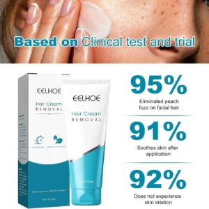 Crema depilatoria EELHOE en tubo y caja, 95% elimina vello facial, 91% calma piel, 92% sin irritación.