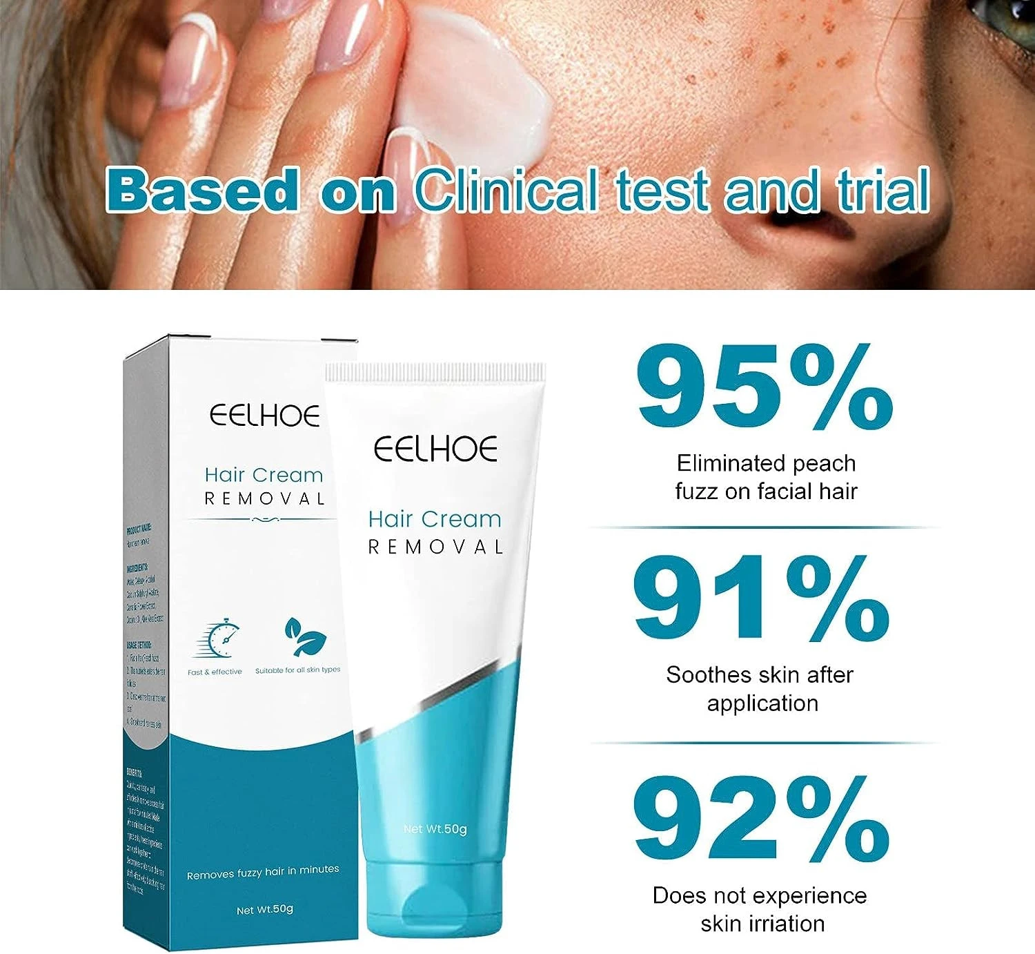 Crema depilatoria EELHOE en tubo y caja, 95% elimina vello facial, 91% calma piel, 92% sin irritación.
