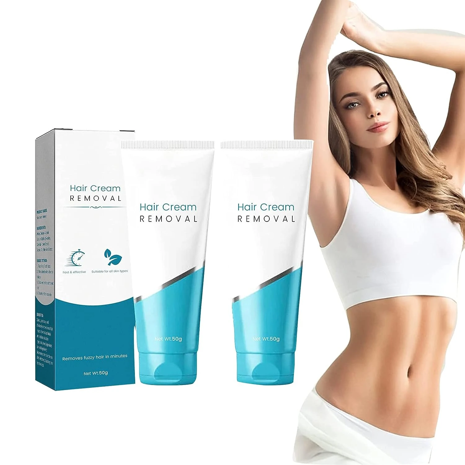 Set x2 crema depilatoria Eelohe, tubo blanco y azul con 50g, junto a modelo con piel suave y abdomen tonificado.