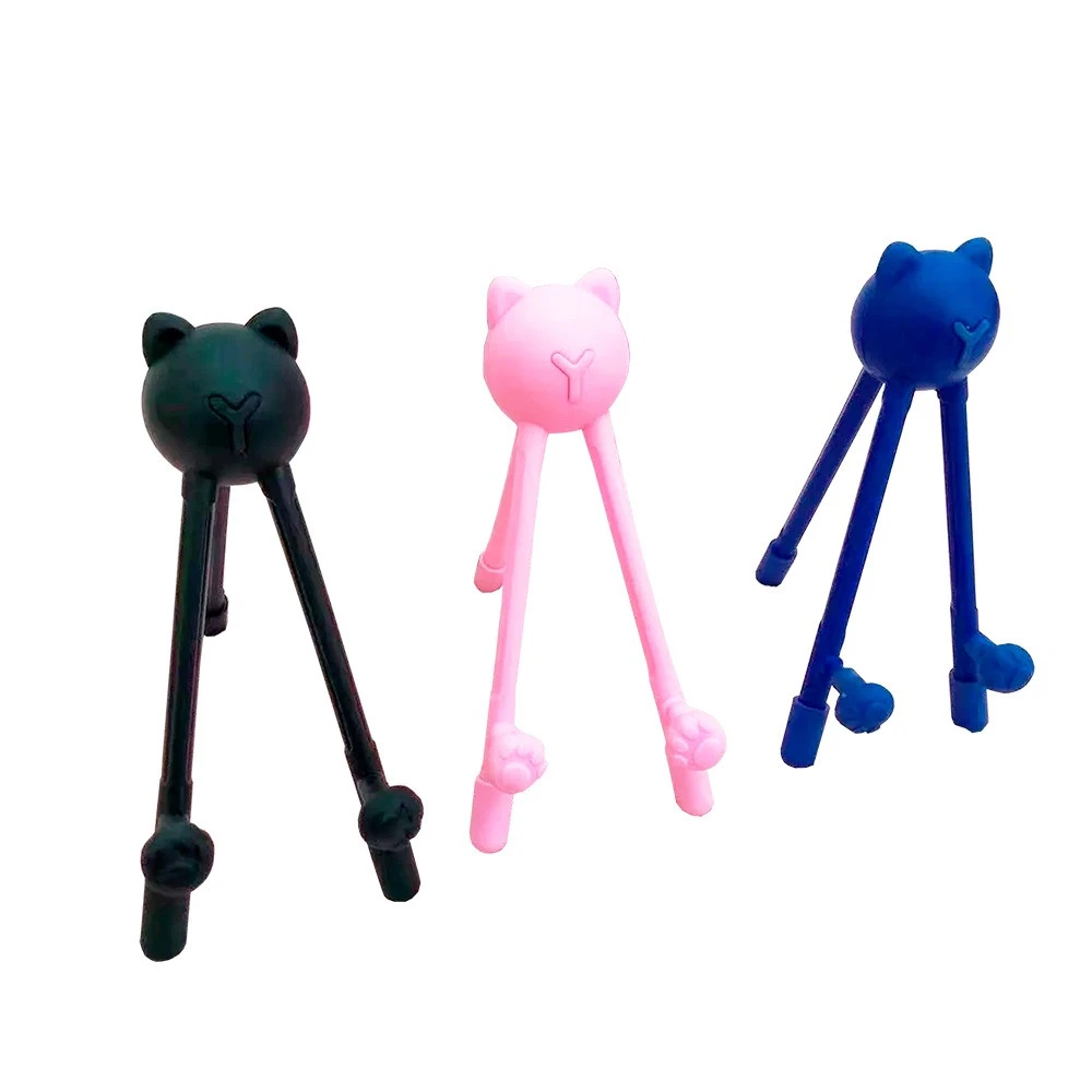 Soportes para celular en forma de gato, negro, rosa y azul, con patas largas y detalle de huellas.