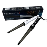 Dos rizadores cónicos de cabello Remiltong, uno blanco y otro negro, con caja de producto.