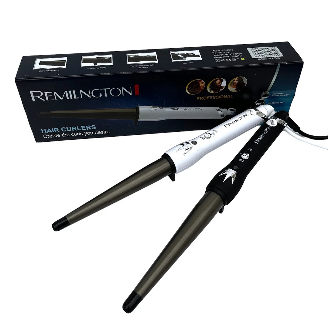 Dos rizadores cónicos de cabello Remiltong, uno blanco y otro negro, con caja de producto.