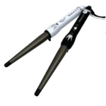 Dos rizadores cónicos Remington, uno blanco y otro negro, con barriles metálicos y controles de temperatura.