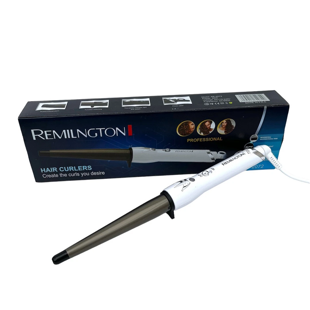 Rizador cónico profesional Remiltong blanco y gris para crear ondas en el cabello, con caja de empaque.