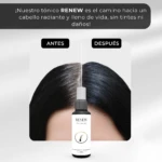 Tónico Renew anti canas antes y después, cabello oscuro, frasco 60ml.