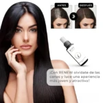 Serum anti canas para mujer Renew, con antes y después, y botella del producto.