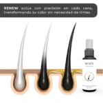 Serum Renew que transforma el color del cabello de blanco a negro, mostrando la acción en cada cana.