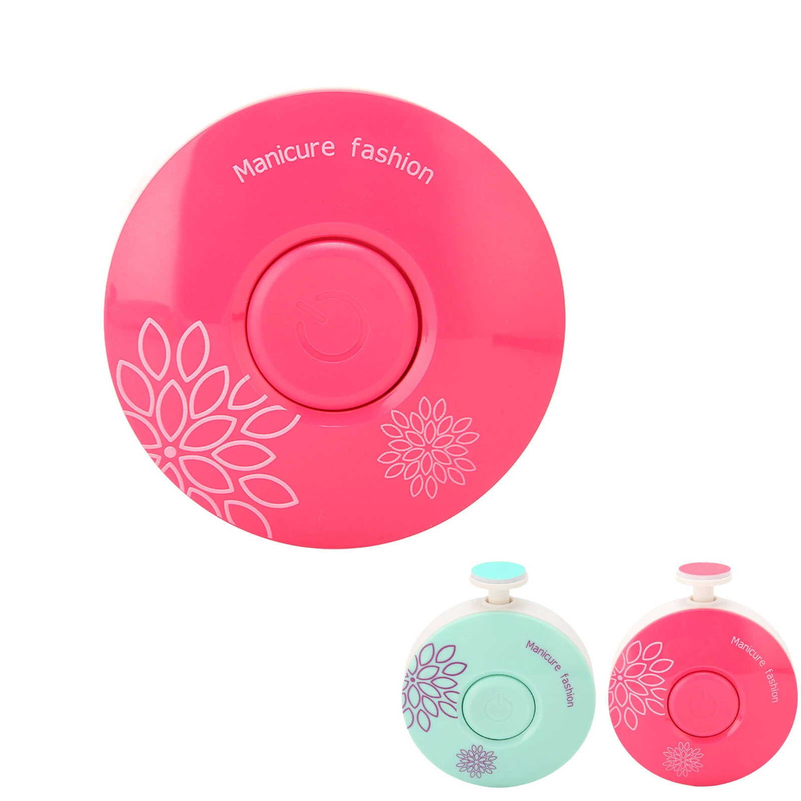 Lima eléctrica para uñas de bebé con diseño circular, decorada con flores y botón central, en colores fucsia y verde menta con cabezales de limado.