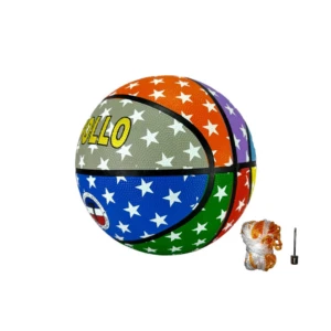 Balón de baloncesto Apollo de caucho multicolor con estrellas blancas y accesorios.