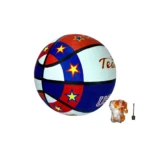 Balón de baloncesto en caucho Apollo, diseño estrellas rojas, blancas y azules, incluye inflador y aguja.