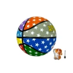 Balón de baloncesto Apollo de caucho multicolor con diseño de estrellas blancas, incluye bomba y aguja.