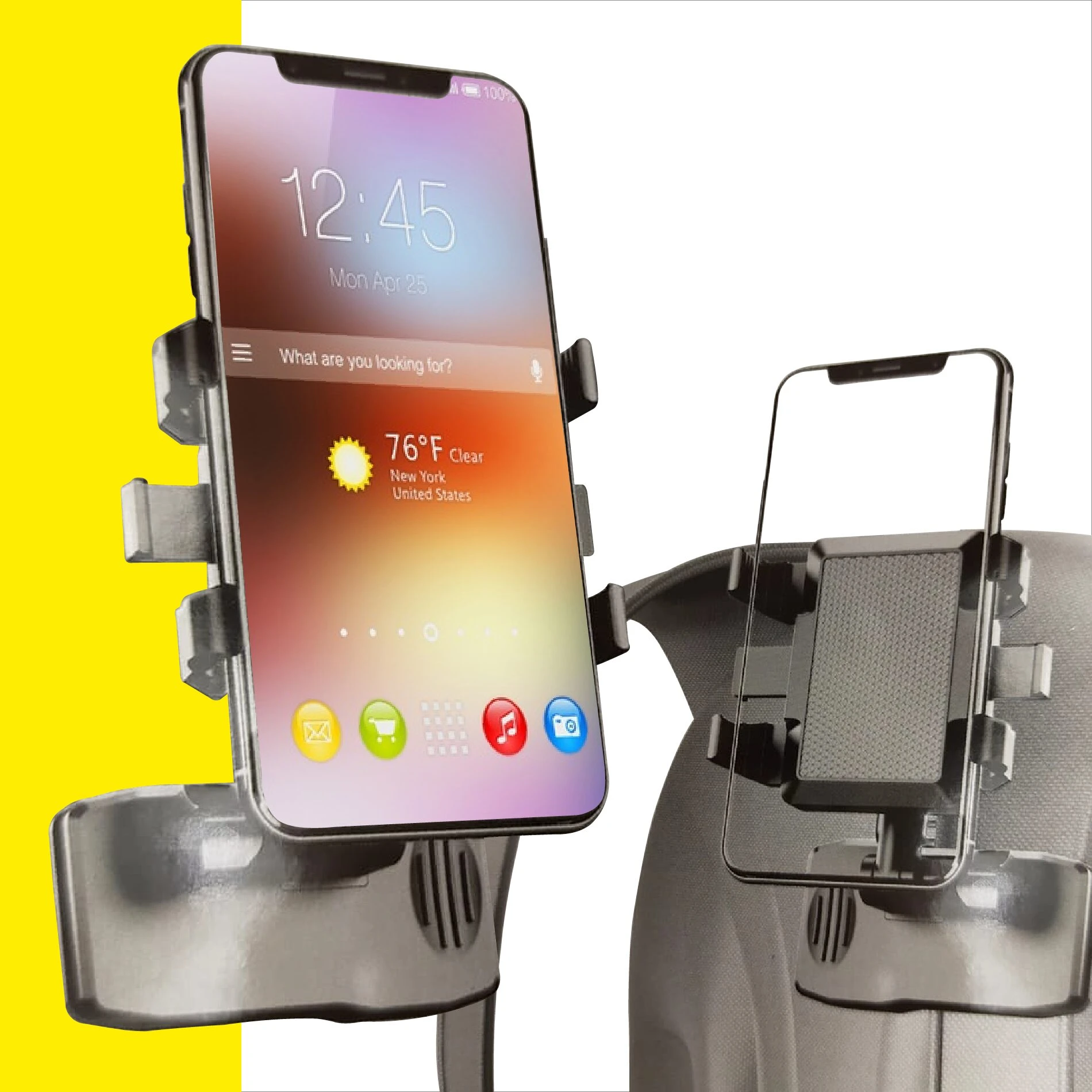 Soporte Holder Pinza de Morral para celular, con dos móviles sujetos y fondo amarillo y blanco.