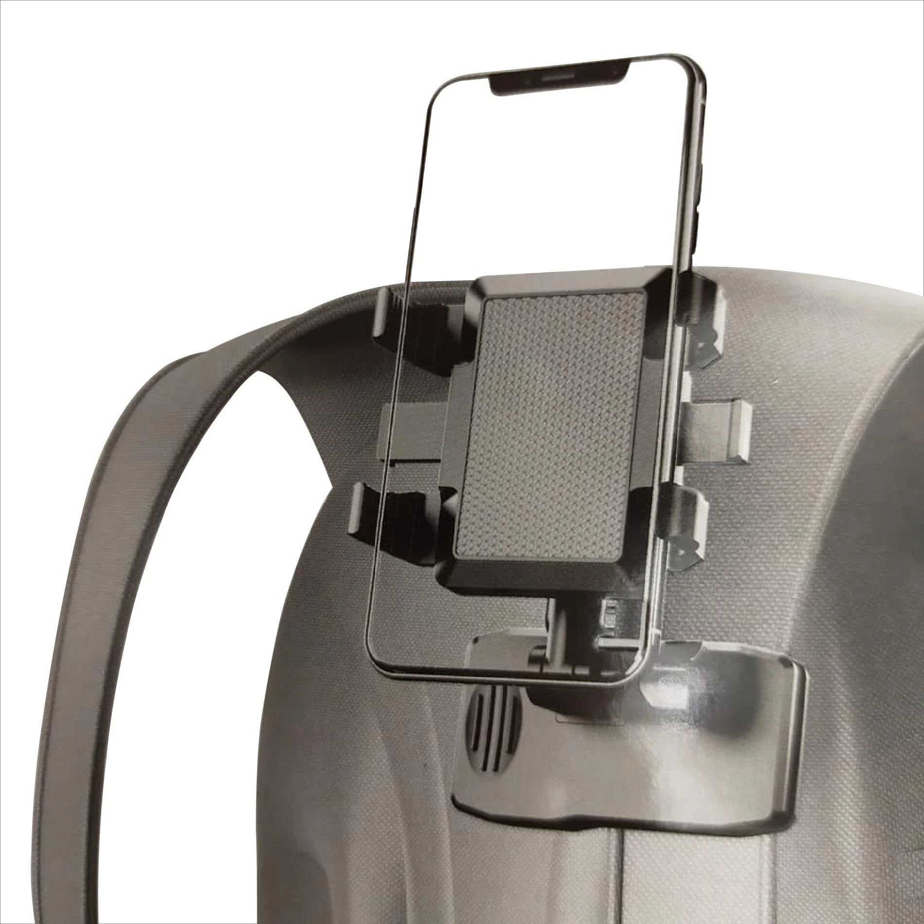 Soporte para celular con pinza gris que se sujeta a morral, ideal para senderismo y ciclismo.