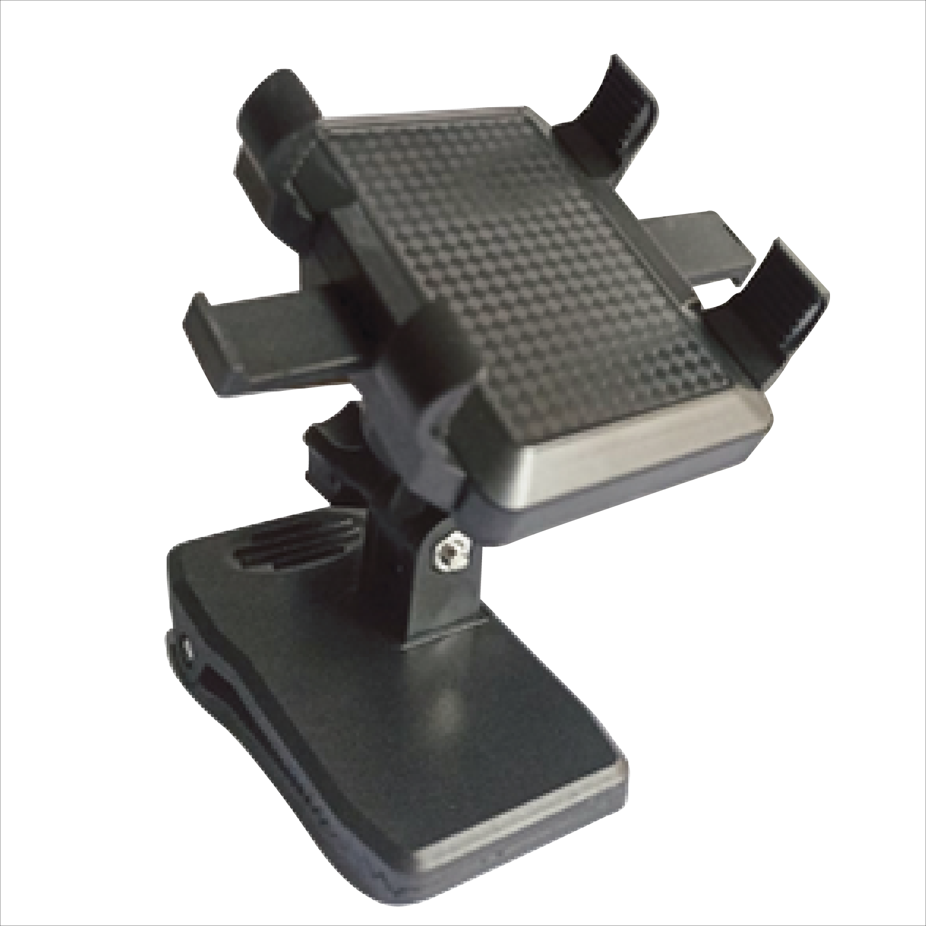 Soporte para celular negro con pinza de sujeción, diseño texturizado en la base y brazos ajustables.