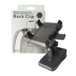 Soporte para celular tipo pinza con textura de fibra de carbono para morral, ideal para actividades al aire libre.