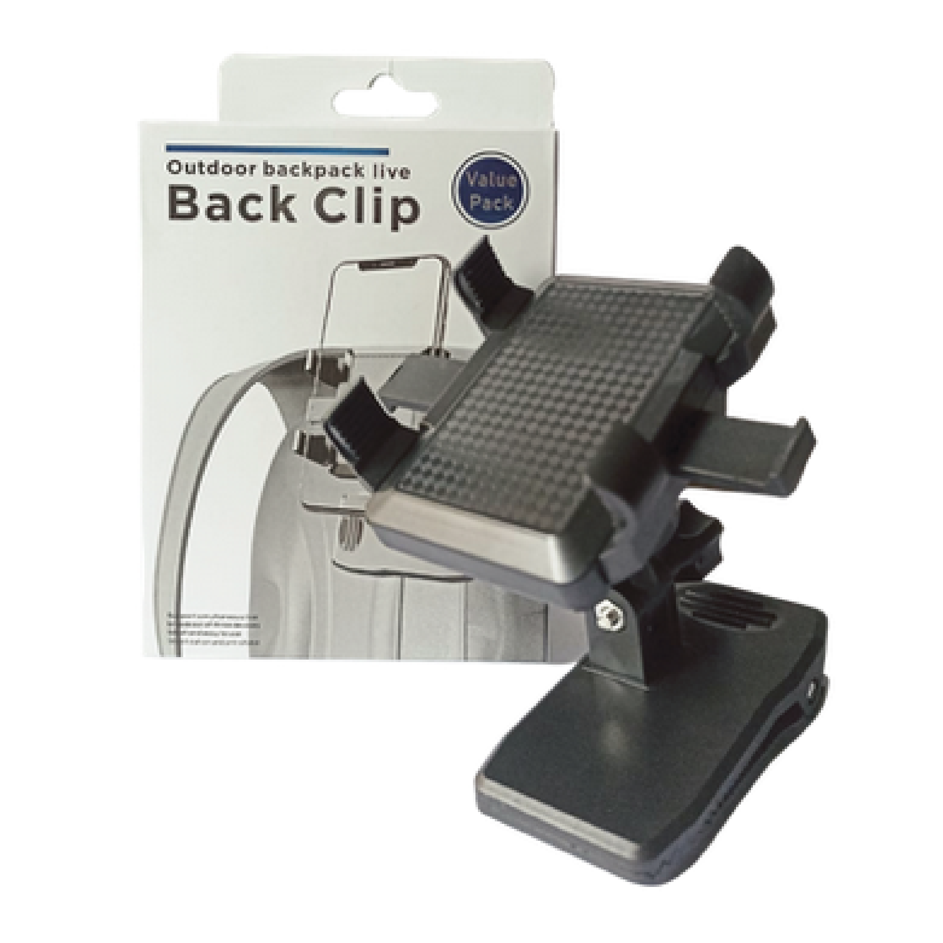 Soporte para celular tipo pinza con textura de fibra de carbono para morral, ideal para actividades al aire libre.