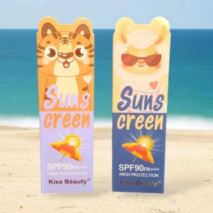 Cajas de protector solar Sunscreen SPF90 con diseño de animalito (tigre y llama) y paraguas sol.