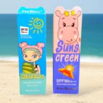 Protectores solares Kiss Beauty con SPF 50 Aloe Vera y SPF 90 para niños, en cajas coloridas con dibujos.