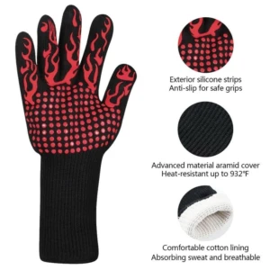 Guantes de barbacoa negros con diseño de llamas rojas, antideslizantes y resistentes al calor hasta 932°F.