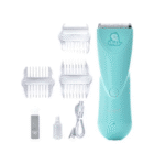Recortadora de cabello para bebé VGR color turquesa con accesorios, cable USB y base.