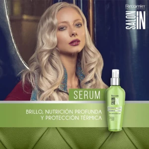 Serum capilar Recamier verde con modelo rubia, nutrición y protección térmica.