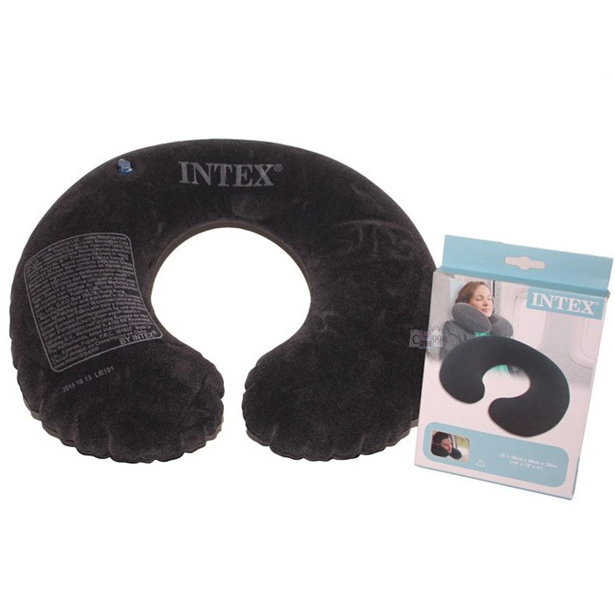 Cojín cervical inflable Intex negro, suave, para viaje. Incluye empaque con modelo en uso.