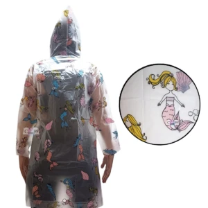 Carpa impermeable transparente para niños con diseño de sirenas y conchas marinas, capucha integrada.