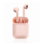Audífonos inalámbricos I12 Bluetooth rosados con estuche de carga, simulan carga eléctrica.