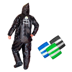 Traje impermeable negro para moto, con tres paquetes de repuesto en colores azul, verde y negro.