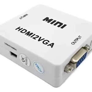 Convertidor HDMI a VGA blanco con puertos USB/Power y conexión de audio, ideal para proyectores y monitores.