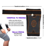 Rodillera deportiva gris con detalles naranjas, para medir muslo 8cm sobre rodilla.