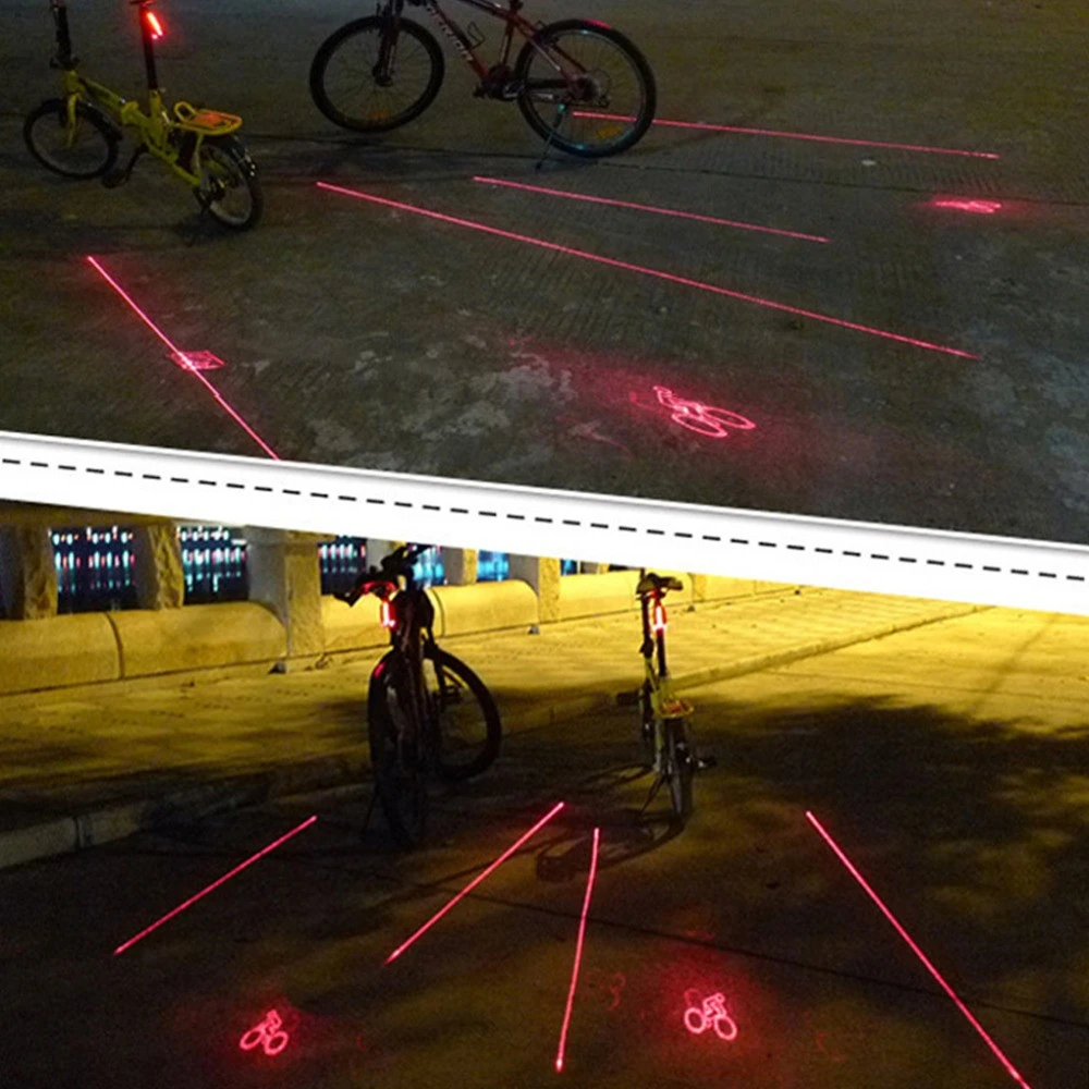 Luces traseras para bicicleta proyectan siluetas rojas de ciclista en el asfalto.