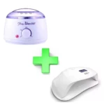 Kit de belleza compuesto por una olla calentadora de cera Pro-Wax100 blanca y una lámpara LED de 72W para secado de uñas, presentados sobre fondo blanco.