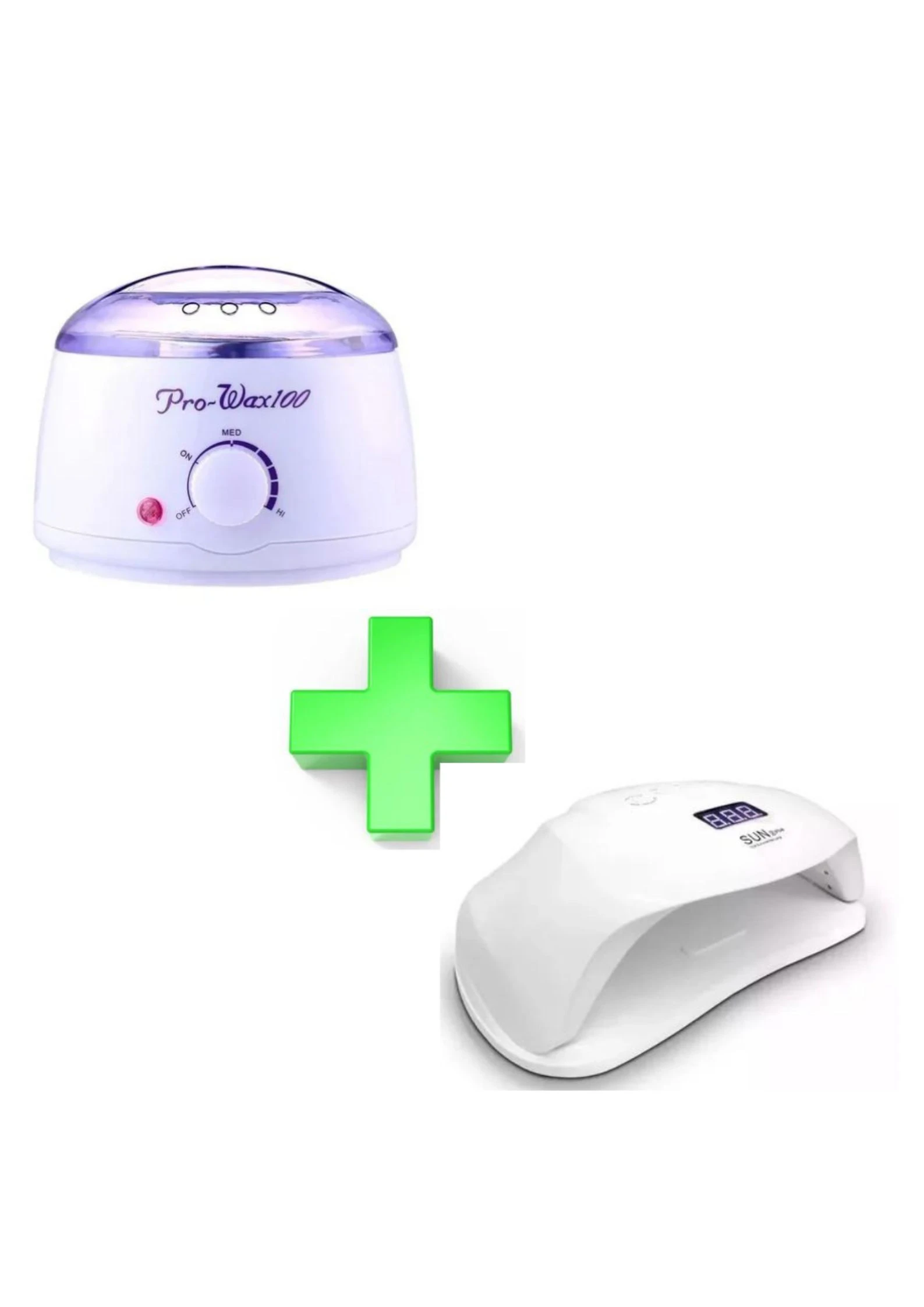 Kit de belleza compuesto por una olla calentadora de cera Pro-Wax100 blanca y una lámpara LED de 72W para secado de uñas, presentados sobre fondo blanco.