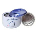 Calentador de cera Pro-Wax100 color blanco con tapa azul traslúcida, incluye recipiente metálico extraíble con asa y perilla de control de temperatura.
