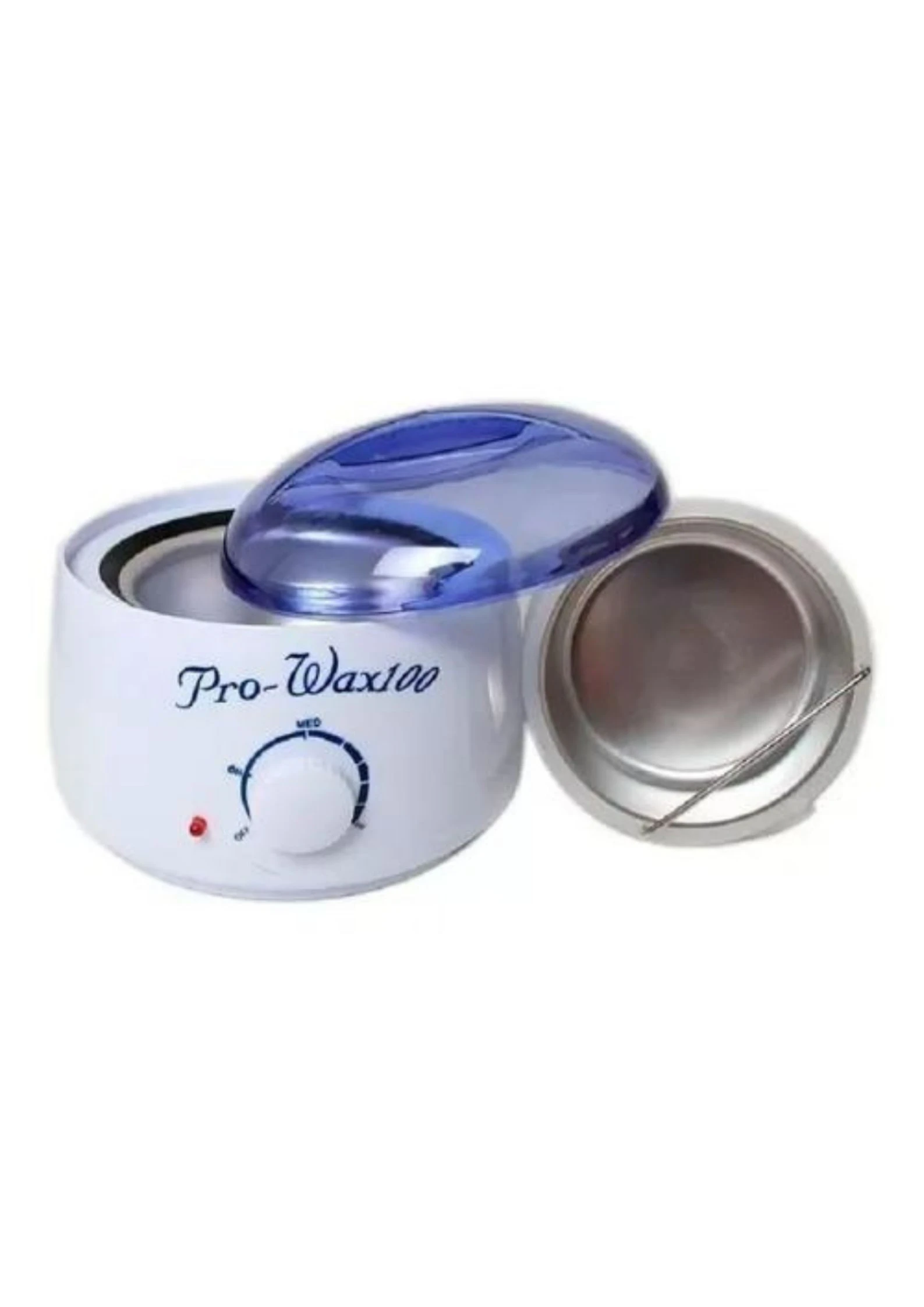 Calentador de cera Pro-Wax100 color blanco con tapa azul traslúcida, incluye recipiente metálico extraíble con asa y perilla de control de temperatura.