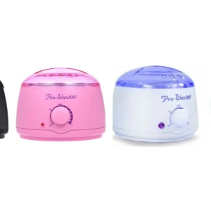 Cuatro ollas calentadoras de cera Pro-Wax100 en colores negro, rosa, blanco y azul, con tapa traslúcida, control de temperatura ajustable y luz indicadora.