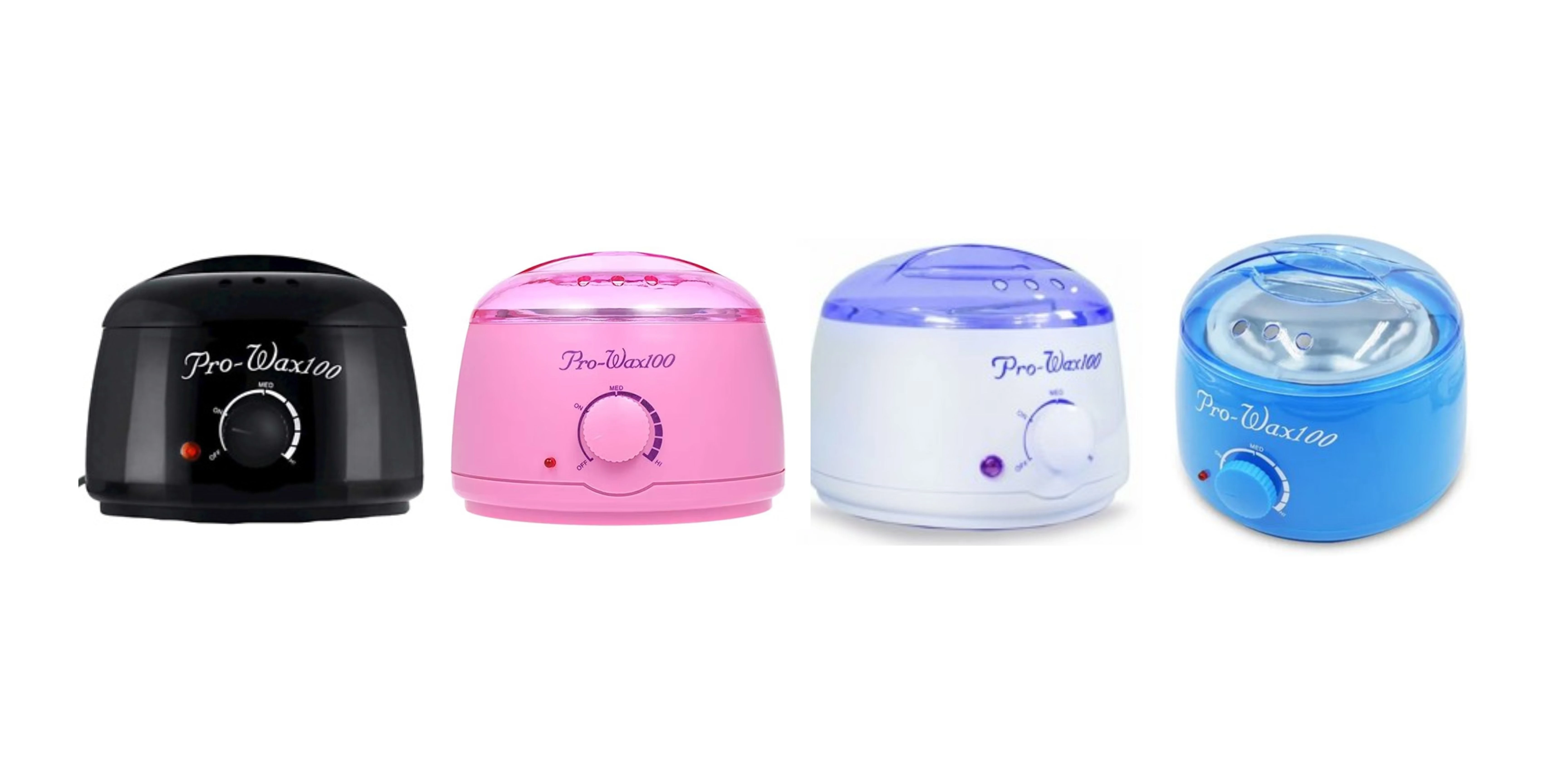 Cuatro ollas calentadoras de cera Pro-Wax100 en colores negro, rosa, blanco y azul, con tapa traslúcida, control de temperatura ajustable y luz indicadora.