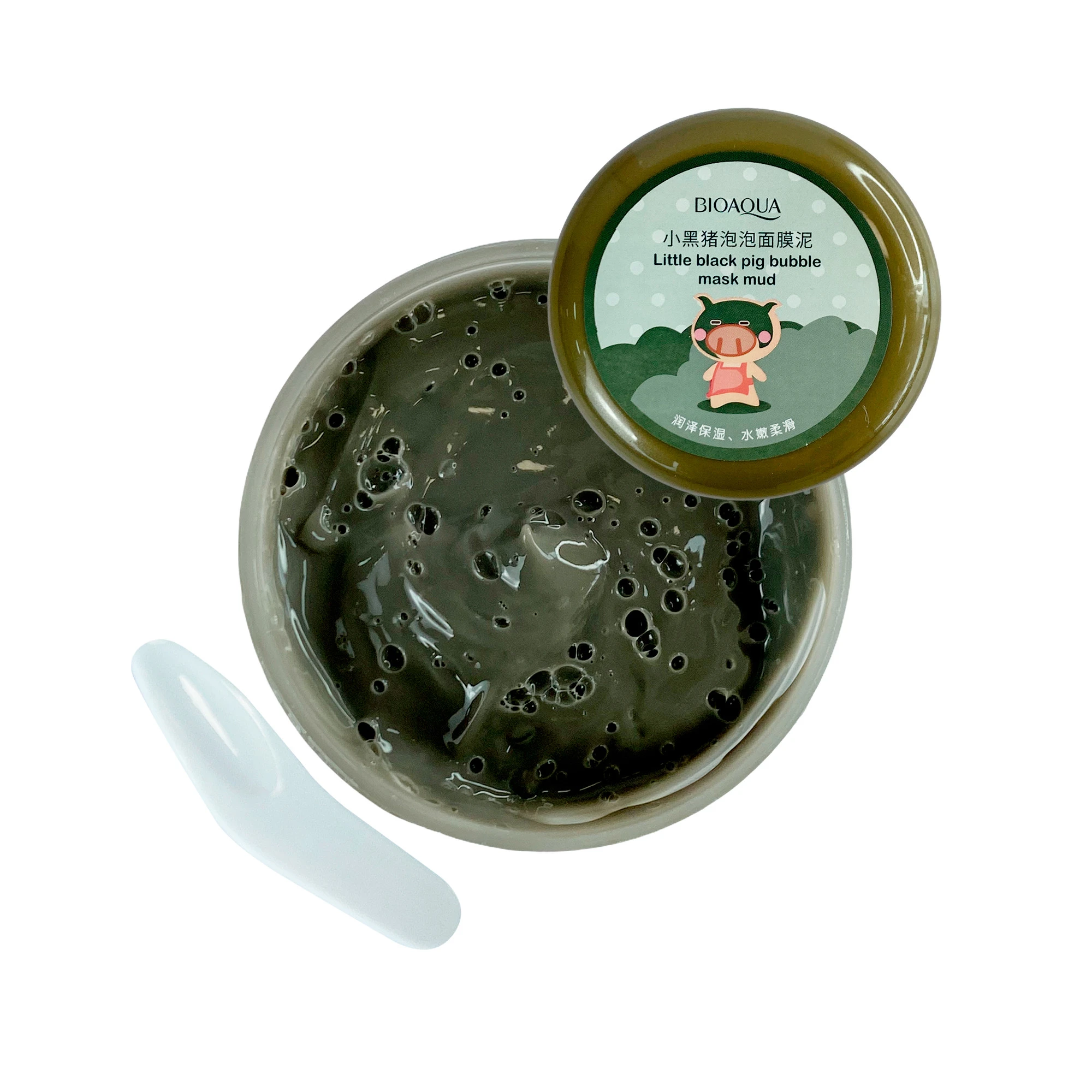 Mascarilla de arcilla negra burbujeante BIOAQUA con espátula, ideal para limpieza e hidratación.