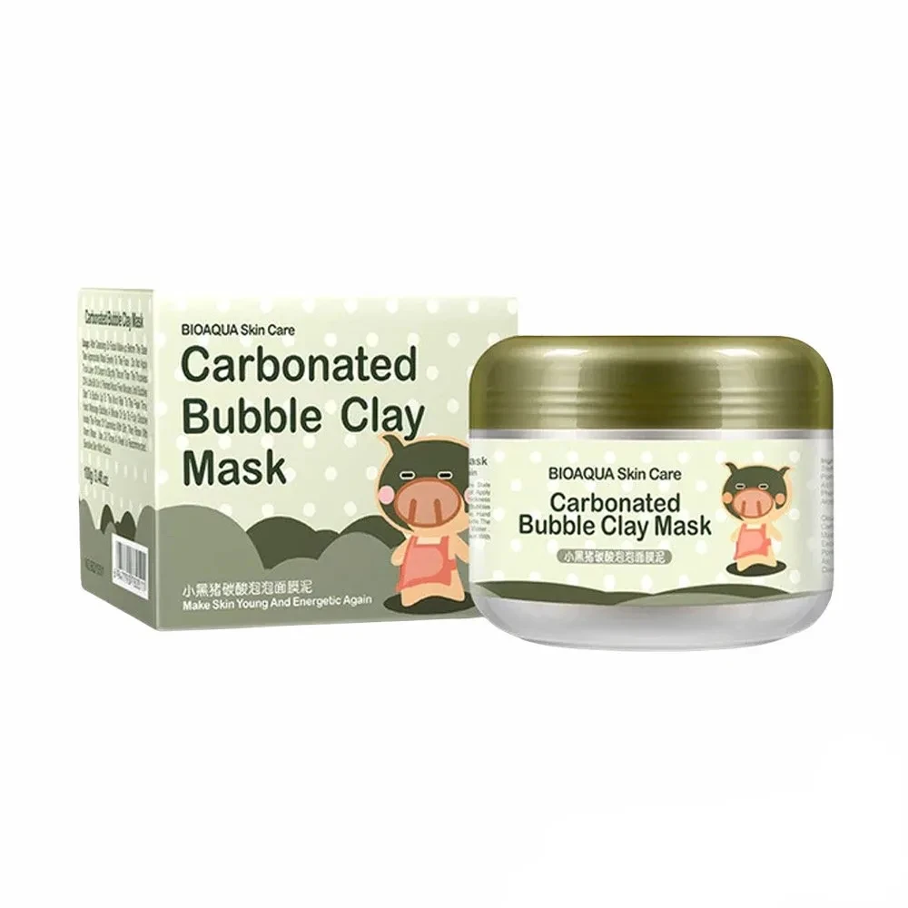 Set de 2 mascarillas de arcilla carbonatada BIOAQUA con empaque de cerdo caricaturizado, piel limpia y fresca.