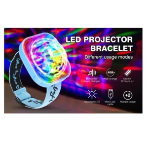 Pulsera de luz LED para niños, con proyector, cambiante de color RGB, 10 horas de uso, recargable por USB.