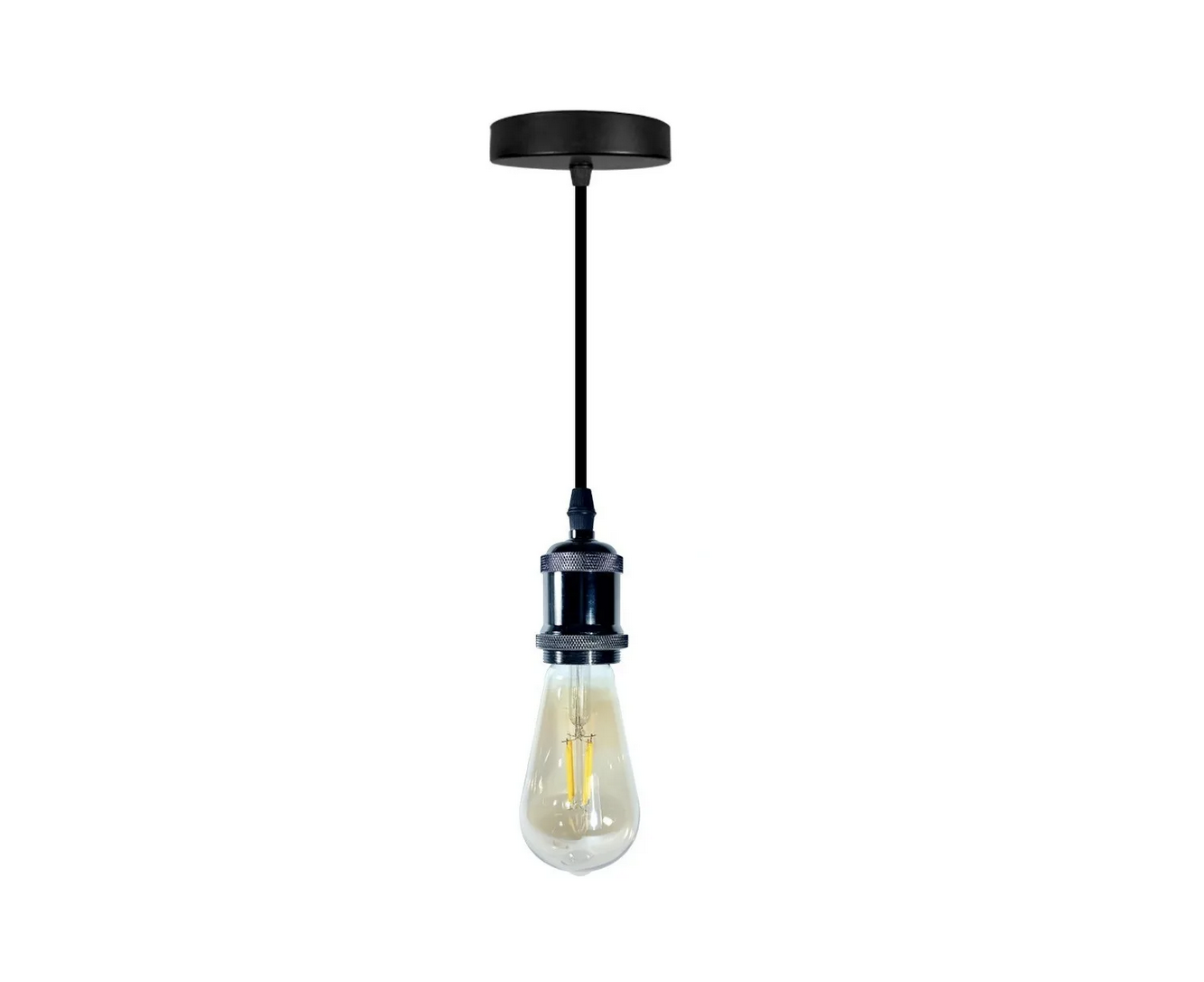 Portalámpara colgante negro estilo vintage con bombilla Edison LED de filamento expuesto.